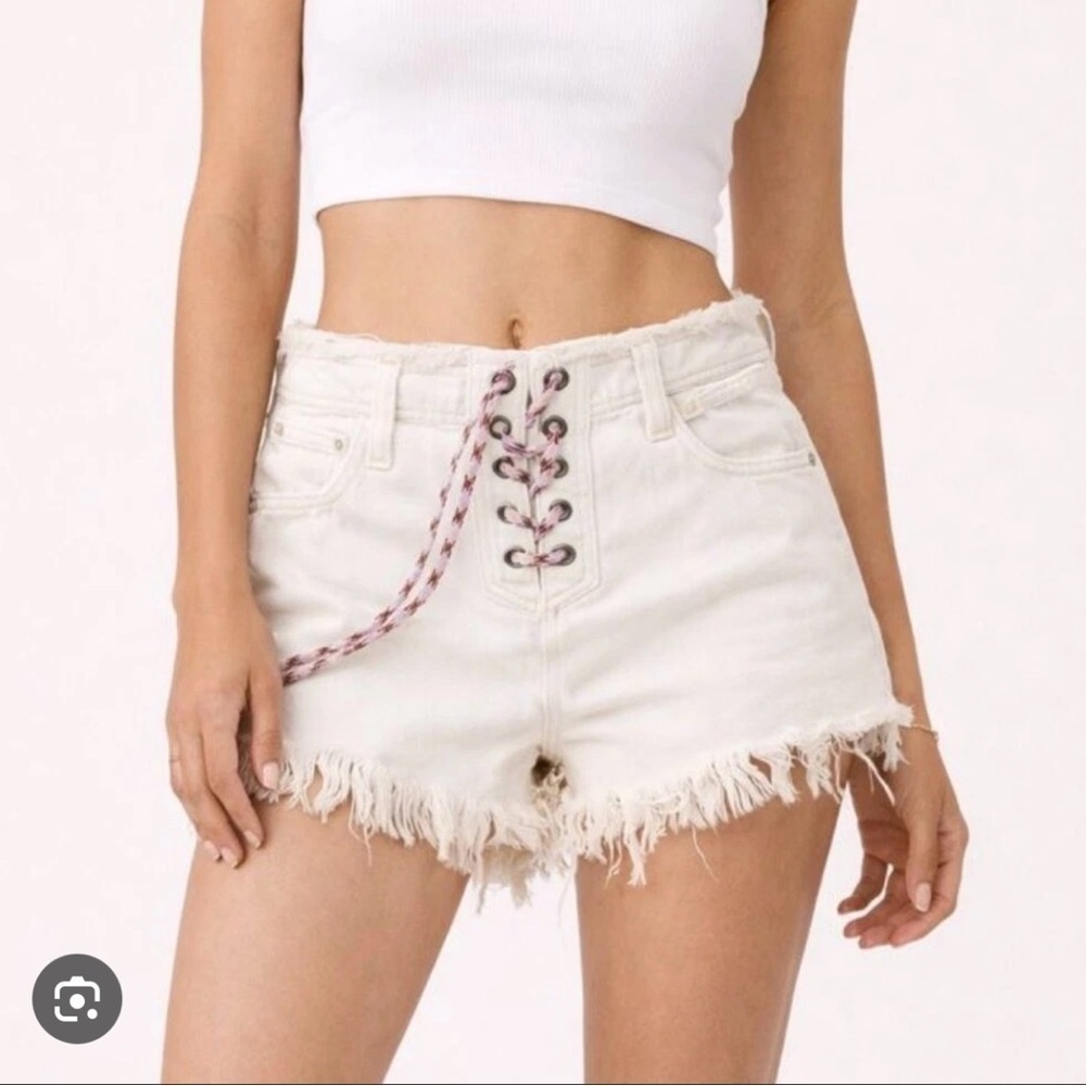 Nwt Free People Cream Fringe Lace-Up Jean Shorts